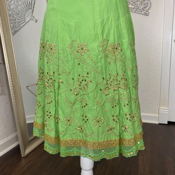 Express Ethereal Fairy Core Green Cotton Gold Thread Sequin Lace Midi Skirt S - Picture 5 of 8